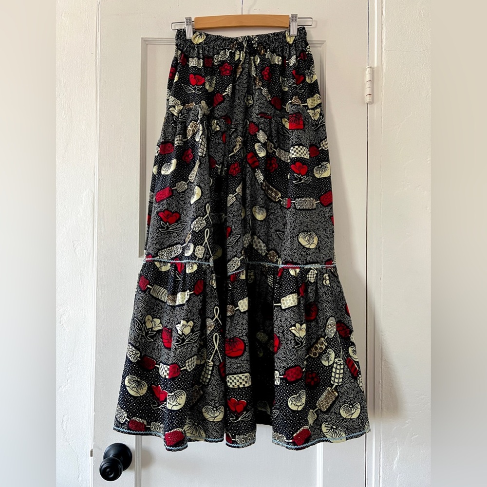 Vintage blue white red cotton tiered maxi skirt african wax print batik